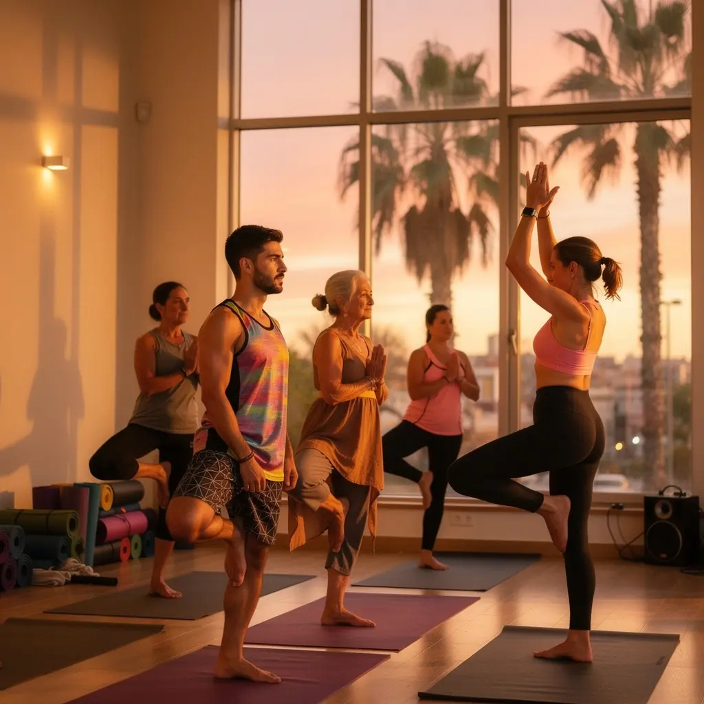 Instructor guiando a los alumnos en una secuencia de 26 posturas, rodeado de un ambiente relajante y energizante.