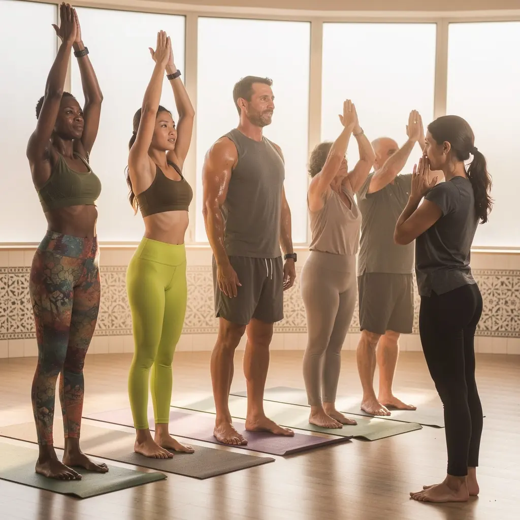 Grupo de personas en diferentes posturas de yoga, enfocándose en la respiración y la concentración dentro de un estudio acogedor.