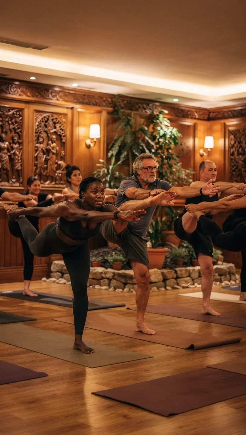 Instructora guiando una clase de yoga Bikram, con alumnos concentrados en sus posturas.