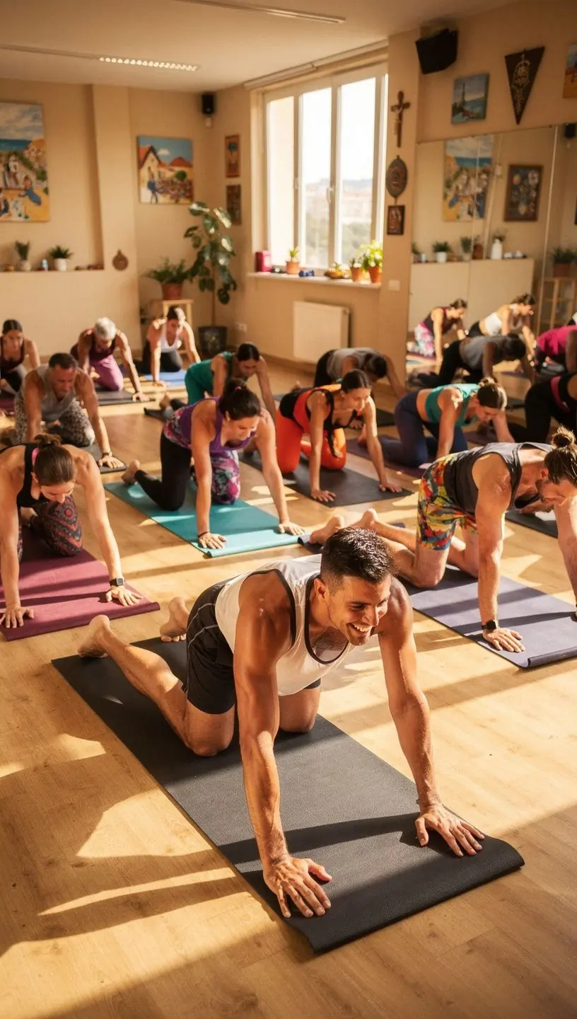 Vista panorámica del estudio de yoga, mostrando el ambiente acogedor y cálido.