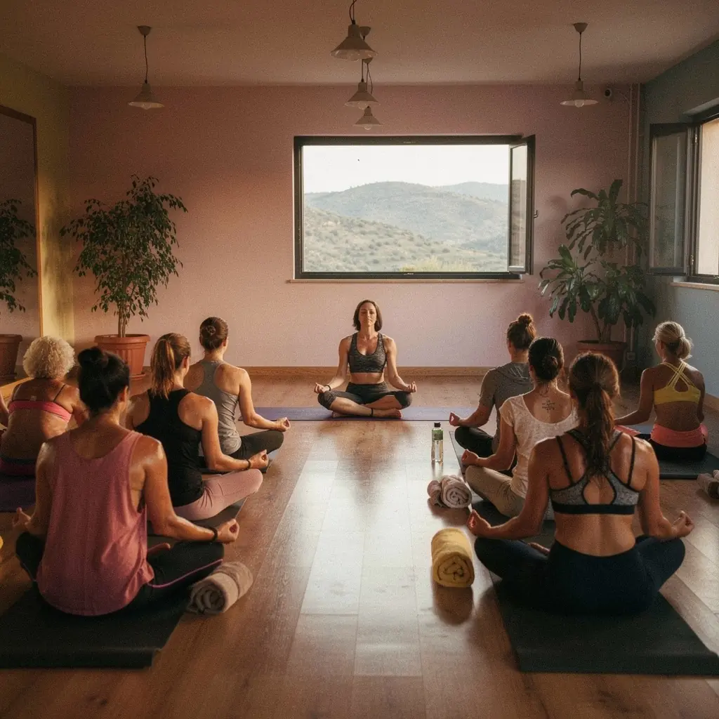 Grupo de personas realizando una postura de yoga en una sala iluminada y cálida.